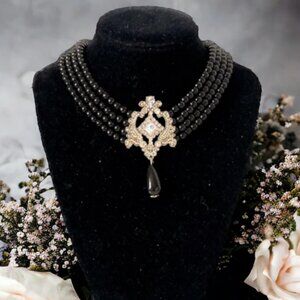 Black pearl choker with rhinestone pendant, gold choker, Victorian pearl choker